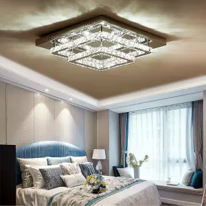 Modern 2-Tiers Square Crystal LED Flush Ceiling Light Fixture Chandelier 40cmx 40cm, Cool White