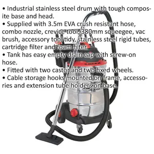 1600W Industrial Wet & Dry Vacuum Cleaner - 60L Stainless Steel Drum - 230V