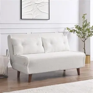 Algo Small Double Beige Boucle Sofa Bed With Cushions Compact Folding 2-Seater Fold Out Design Light Cream Teddy Fabric - Daals - Sofa Beds