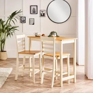 Furniturebox UK Rye Cream Painted Solid Wood Bar Table With Oak Colouur Top and 2x Matching Bar Chairs Dining Set