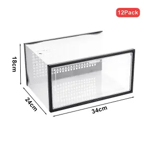 Set of 12 Clear Plastic Stackable Foldable Shoe Storage Box Organiser 34cm W x 24cm D x 18cm H