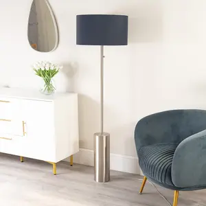 ValueLights Lexy Brushed Chrome Rotary Dimmer Switch Floor Lamp with Navy Blue Drum Shade