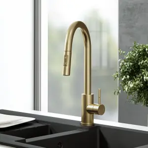 Kersin Cato Brushed Brass Kitchen sink Mixer Tap with Pull-Out Hose and Spray Head