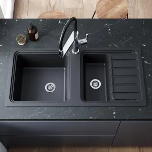 GoodHome Romesco Black Granite 1.5 Bowl Sink & drainer 515mm x 1050mm