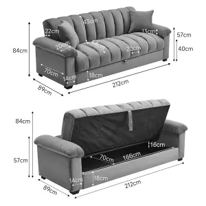 Grey 3 Seat Sofa Bed Velvet Upholstered Couch Sofabed Convertible Sleeper