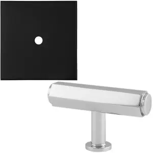 Cabinet Door Knob & Contrasting Backplate Set - Hex T Bar Pull - Polished Chrome & Black