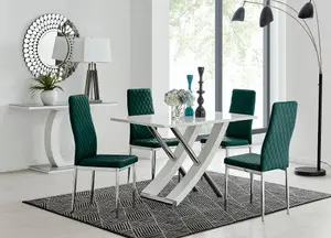 Furniturebox UK Mayfair 4 White High Gloss And Stainless Steel Dining Table And 4 Green Velvet Milan Chairs