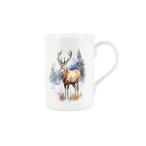 Purely Home Christmas Mug - Watercolour Scene Reindeer - Bone China Mug Coffee/Tea Present