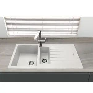 Liquida LG150WH 1.5 Bowl Granite Reversible Inset White Kitchen Sink With Waste