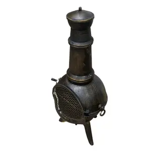 Chiminea Outdoor Garden Log Fire Pit Burner Wood Cast Iron Chimney Chimenea BBQ Frost Proof Spark Guard Rain Cover