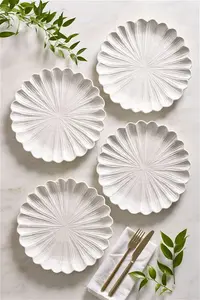 Next Set Of 4 White Flower Dinner Plates - White