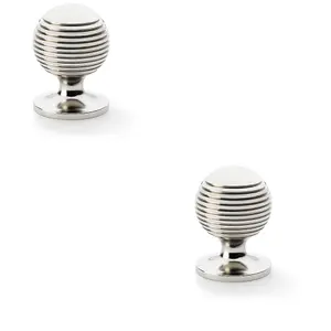 2 PACK - Reeded Ball Door Knob - 32mm Diameter Polished Nickel Lined Cupboard Pull Handle