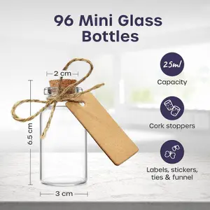 25ml Mini Glass Bottles with Corks - 96 Pack Reusable DIY Craft Jars with Labels, String, Funnel for Wedding Favours