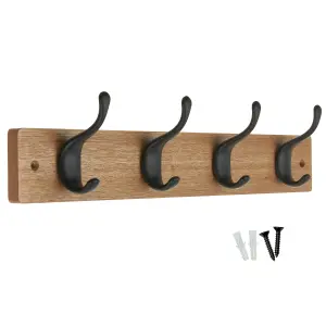 Keypak 4 Matte Black Coat Hooks on Ash Effect Wooden Board - 46cm Modern Wall Mounted Coat Rack Clothes Hanger