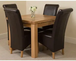 Richmond 90cm - 150cm Square Oak Extending Dining Table and 4 Chairs Dining Set with Montana Brown Leather Chairs