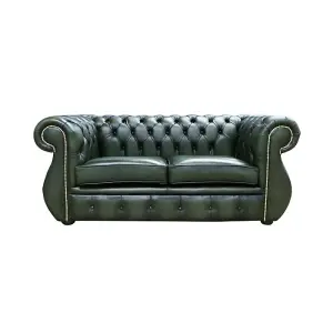 Chesterfield Original 2 Seater Sofa Antique Green Real Leather In Kimberley Style