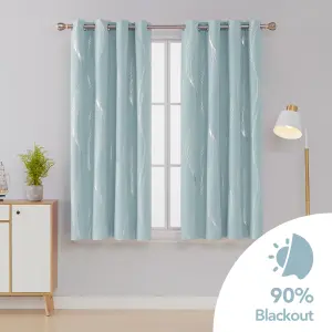 Deconovo Eyelet Blackout Curtains Thermal Insulated Silver Wave Line Foil Printed Curtains W66 x L54 Inch Light Blue 2 Panels