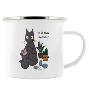 Spooky Cat Wiccan Botany Enamel Mug White/Black/Grey (One Size)