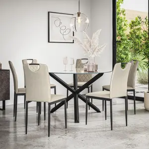 Malvern Round Dining Table And Chairs -  Clear Glass Table Top w Solid Oak Black Legs + Monza Fabric Dining Chair Set Of 6 (Beige)