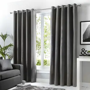 Cotton Blend Room Darkening Grommet / Eyelet Curtain Pair (Set of 2) Charcoal / Width 229 x Drop 183 cm