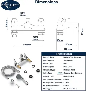 BATHWEST Bathroom Taps with Shower Waterfall Solid Brass Chrome Modern Dual Lever Bathroom Tub Filler Mixer Taps