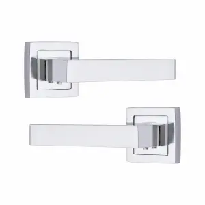 4 Pair Delta Design Door Handles Square Rose Polished Chrome Finish