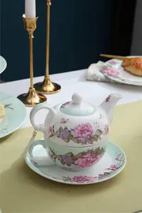 Tea for One Teapot Cup suacer Set Shaby Chic Flora Bird Rose Butterfly Porcelain Gift Box (Teal)