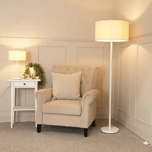 ValueLights Charles White Single Stem Table Lamp with Natural Drum Lamp Shade and LED Bulb