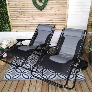 Set of 2 Luxury Padded Multi Position Zero Gravity Garden Relaxer Chair Lounger in Grey & Black