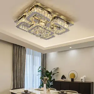 Modern 50cm 5 Head Square Fancy Crystal LED Chrome Flush Mount Dimmable Ceiling Light Fixture