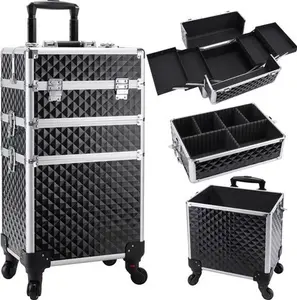 3 in 1 Makeup Trolley Beauty Case On Wheels 3-In-1 Rolling Makeup Train Case Make Up Trolley Hairdressing Trolley On Wheels Nail Organiser Storage