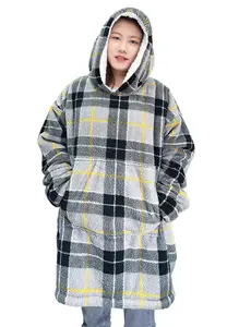 Blanket Hoodie Tartan Check Oversized Wearable Teddy Fleece Hooded Blanket