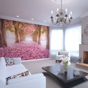 Origin Murals Pink Blossom Flowers on a Pathway of Trees Matt Smooth Paste the Wall Mural 350cm wide x 280cm high