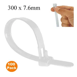 100 x Natural Releasable Cable Ties 300mm x 7.6mm Reusable Wire Tidy Zip Straps