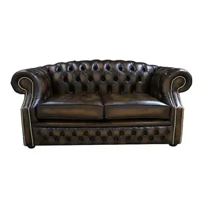 Chesterfield 2 Seater Antique Gold Leather Sofa Bespoke In Buckingham Style