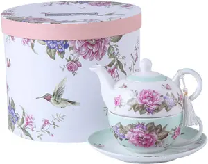 Tea for One Teapot Cup suacer Set Shaby Chic Flora Bird Rose Butterfly Porcelain Gift Box (Teal)