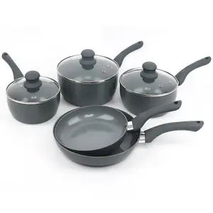 Grey 8 Piece Ribbed Cookware Set Non Stick Induction Pans Saucepans Cooking Pots