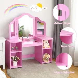 Costway 2 In 1 Kids Vanity Table Children Dressing Table Set w/ Mirror & Storage Shelves