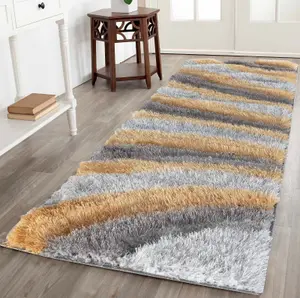 Modern Soft Waves Shimmer Shaggy Area Rugs Ochre 60x220 cm