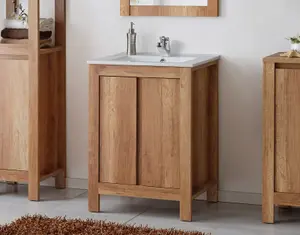 Bathroom Furniture Set: 600 Sink Vanity, Mirror, Freestanding Storage Cabinet Oak Effect Classic