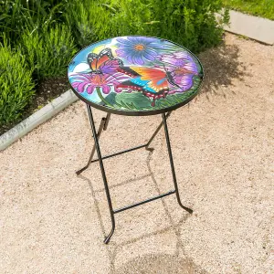 Folding Glass Table Garden Outdoor Patio Decoration Painted Round Top Christow Butterfly