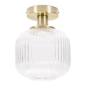 ValueLights Calpe Gold Flush Ceiling Light with Ribbed Clear Glass Shade - LED Bulb Included