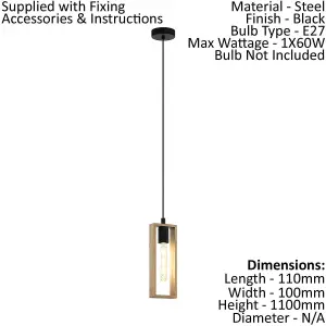 Hanging Ceiling Pendant Light Black & Wood Frame 1 x 60W E27 Hallway Feature