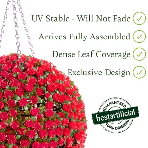 Best Artificial 38cm Red Rose Hanging Basket Flower Topiary Ball - Suitable for Outdoor Use - Weather & Fade Resistant