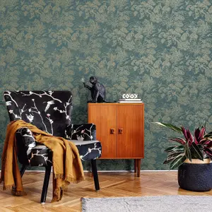 Holden Decor Crane Lagoon Aqua Gold Wallpaper Floral Metallic Feature Wall