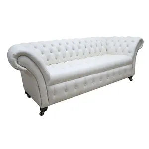 Chesterfield 3 Seater Shelly White Leather Buttoned Seat Sofa Settee In Balmoral Style