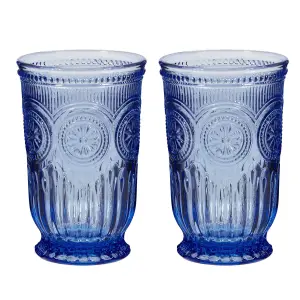 Set of 2 Luxury Embossed Blue Tall Drinking Glass Tumblers 330ml