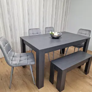 Dining Table and 4 Chairs With Bench Black Dark Grey 4 Grey Velvet Chairs Wooden Bench Wood Dining Set Furniture