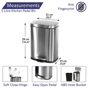 Kitchen Rubbish Bin 5 Litre Soft Close Stainless Steel Waste Bin