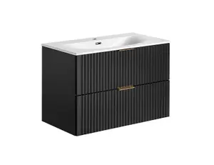 Bathroom Vanity Unit with Basin Black 800mm Vanity Cabinet with Sink Ribbed Textured Wall Hung Adel